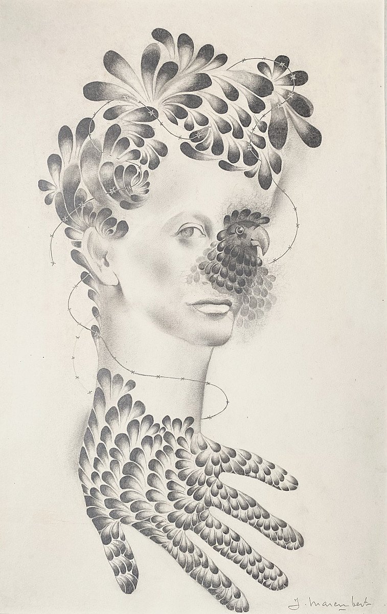 Jean Marembert (1900-1968). Surrealist Drawing "bird Woman". 1940s.-photo-2