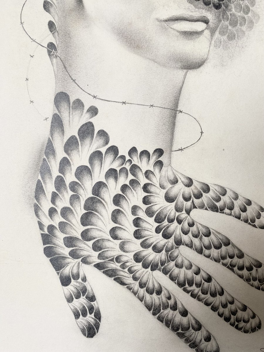 Jean Marembert (1900-1968). Surrealist Drawing "bird Woman". 1940s.-photo-2