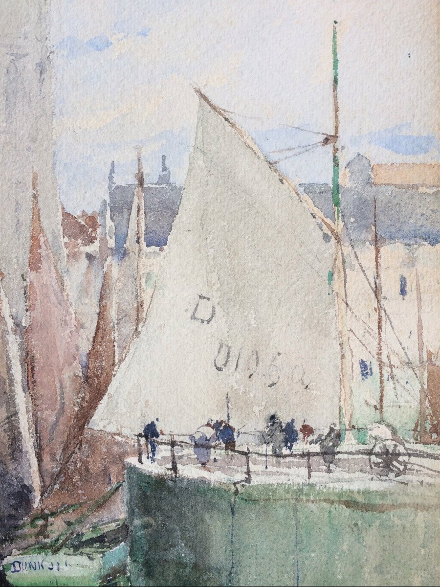 Édouard Elle ( Bruxelles, 1859 - 1911). "Vue du port de Dunkerque". Aquarelle .-photo-2