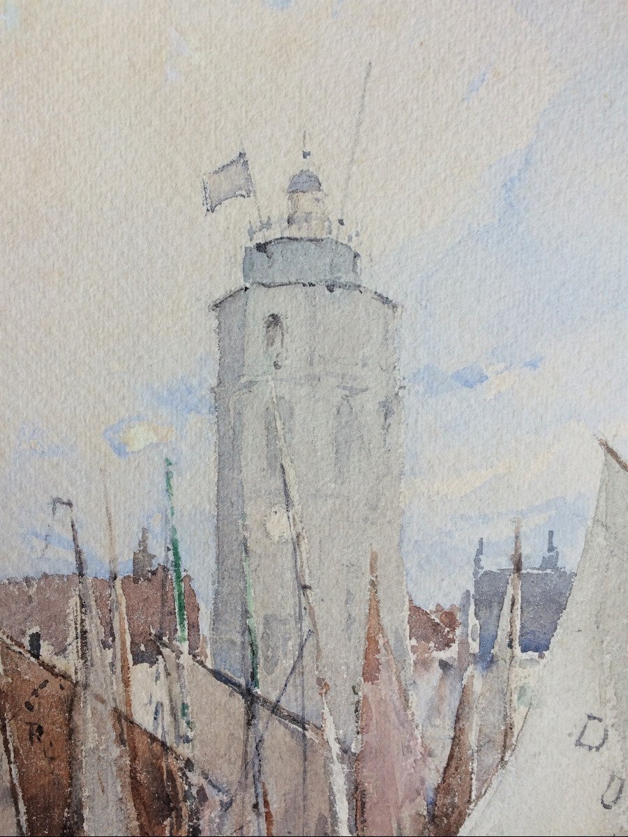 Édouard Elle ( Bruxelles, 1859 - 1911). "Vue du port de Dunkerque". Aquarelle .-photo-3