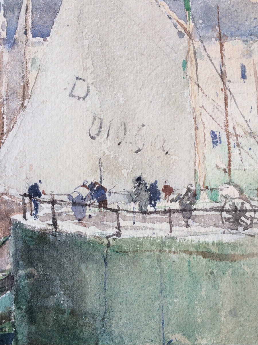 Édouard Elle ( Bruxelles, 1859 - 1911). "Vue du port de Dunkerque". Aquarelle .-photo-1