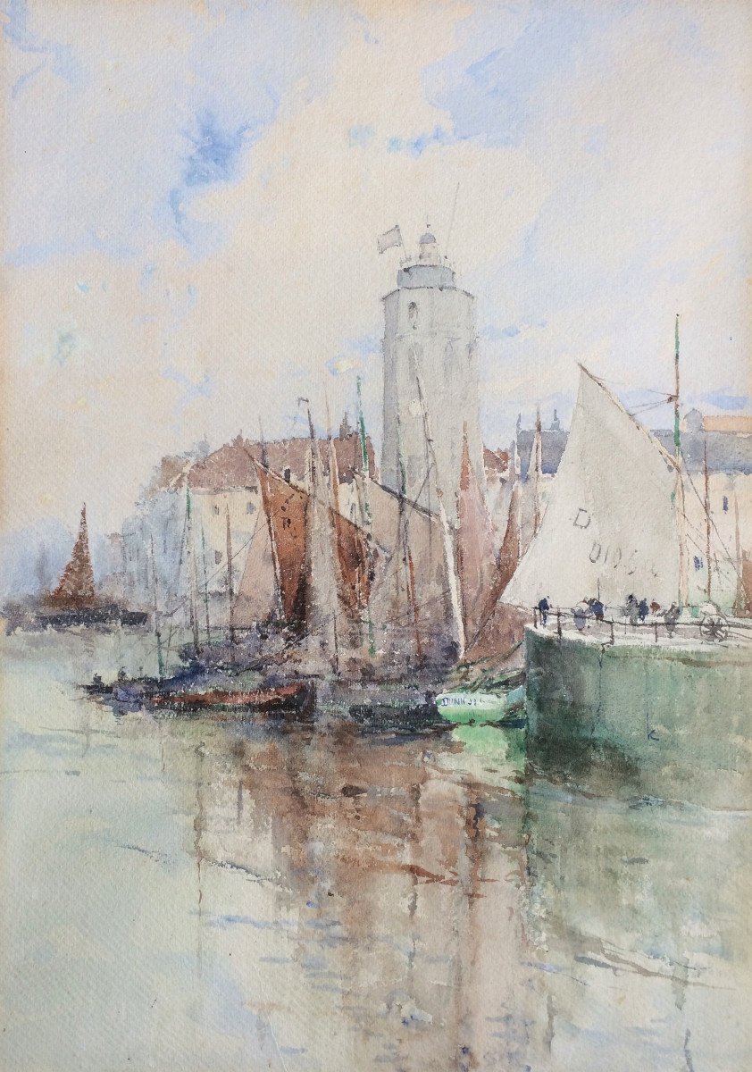 Édouard Elle ( Bruxelles, 1859 - 1911). "Vue du port de Dunkerque". Aquarelle .