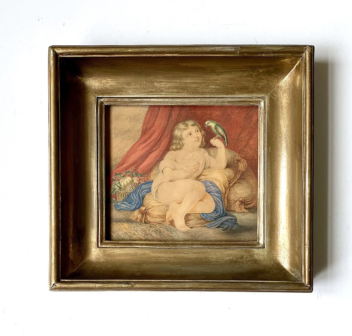 Aquarelle XIXe. "Enfant nourrissant un perroquet". Vers 1840.-photo-2