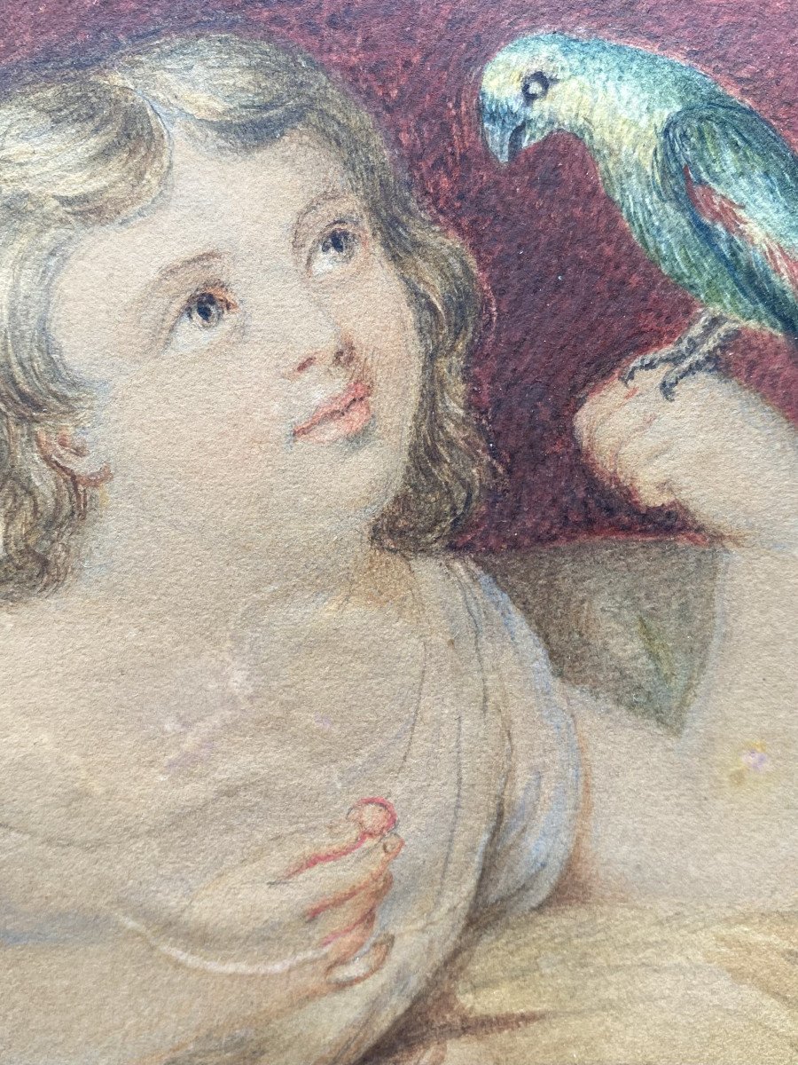 Aquarelle XIXe. "Enfant nourrissant un perroquet". Vers 1840.-photo-1