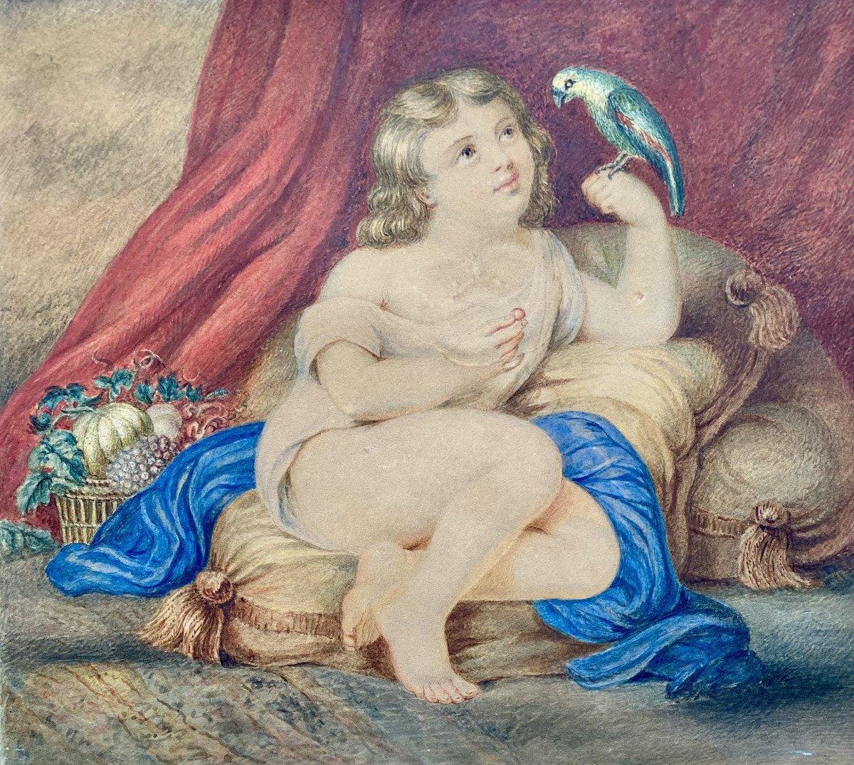 Aquarelle XIXe. "Enfant nourrissant un perroquet". Vers 1840.