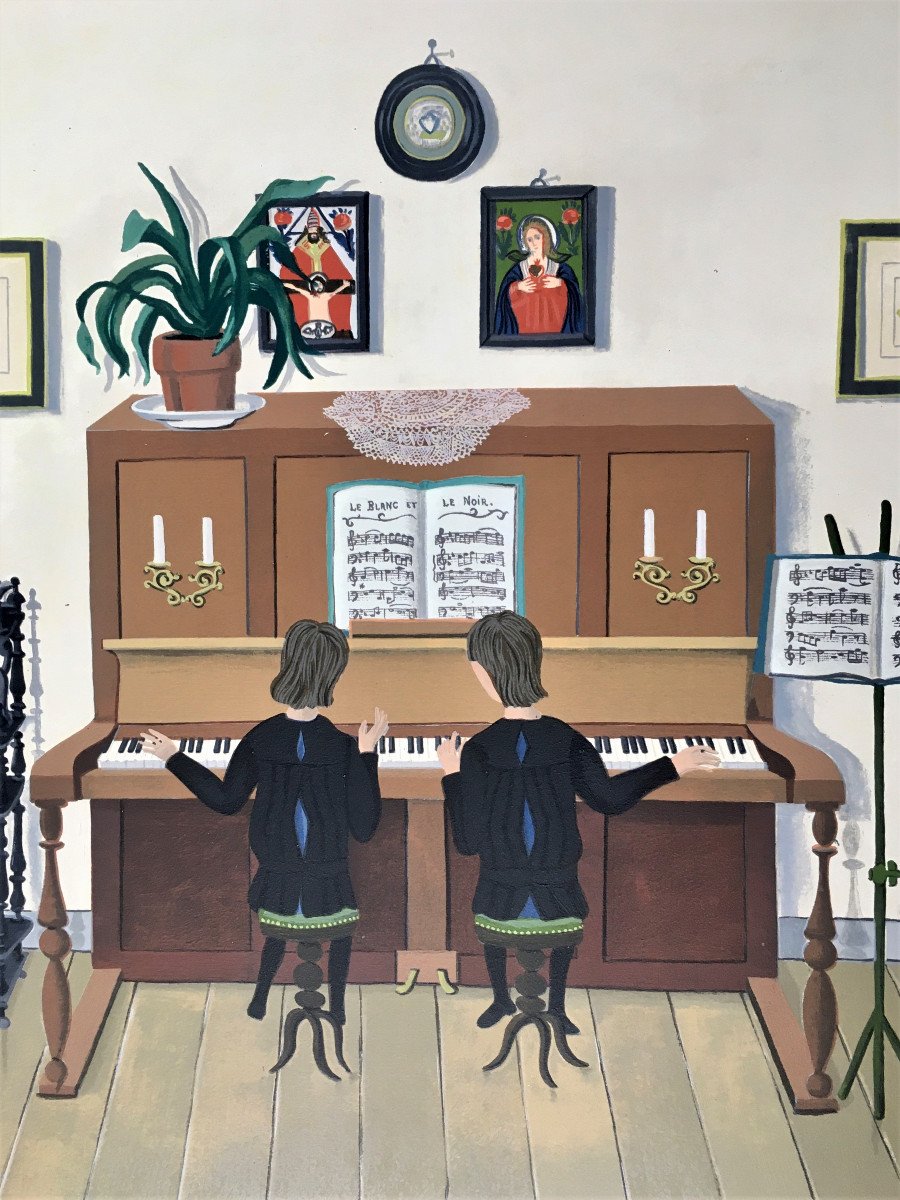 Micheline Boyadjian (1923-2019). "piano For Four Hands". 1966. Silkscreen. Naive Art.-photo-1