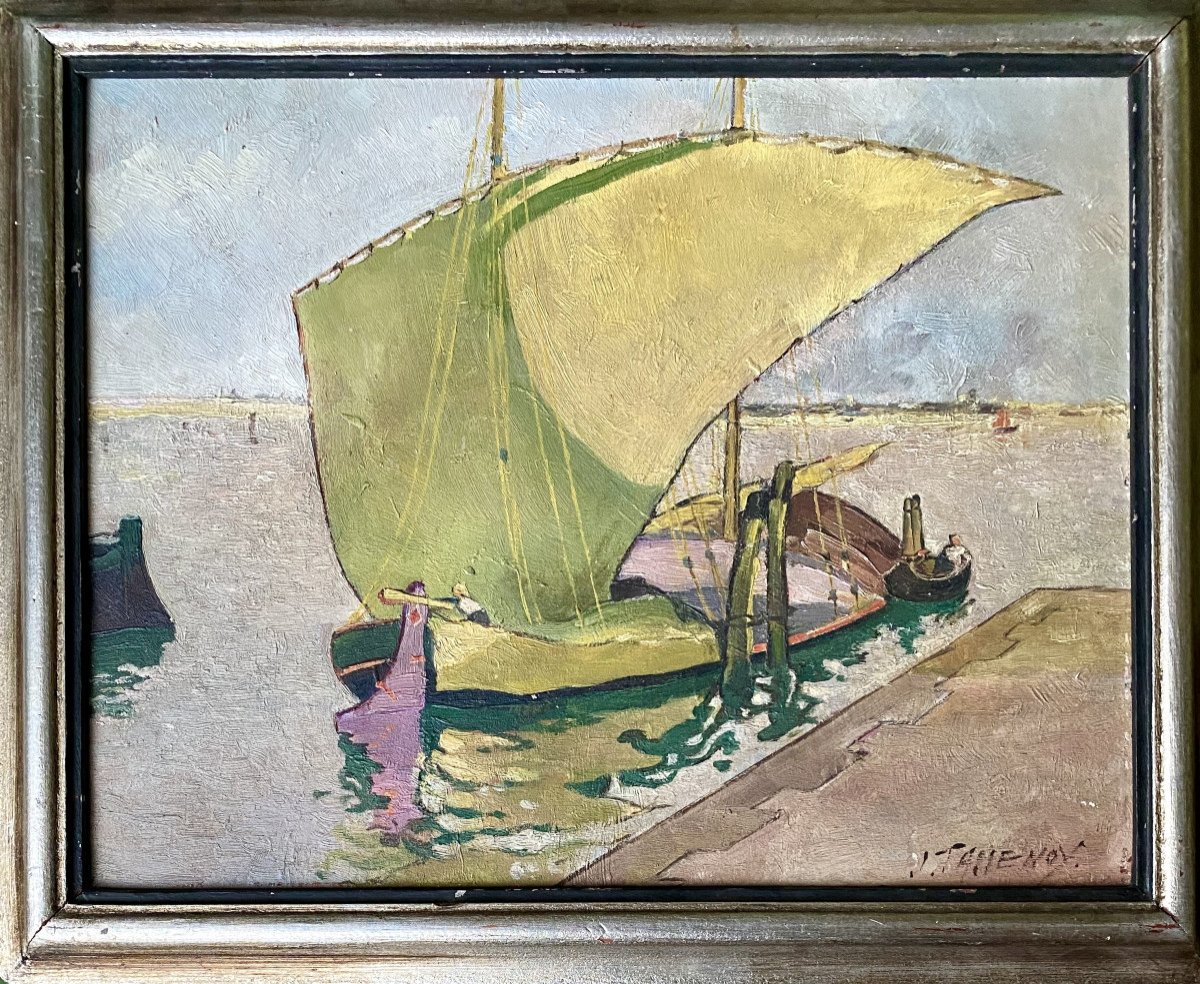 J. Tassenoy (19th-20th Century). "moored Dhow". Around 1920. Orientalism.-photo-2