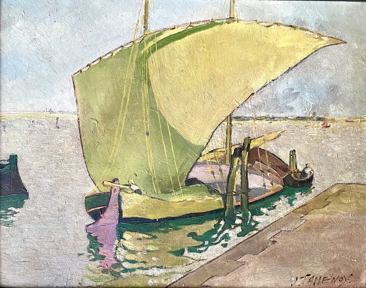 J. Tassenoy (19th-20th Century). "moored Dhow". Around 1920. Orientalism.