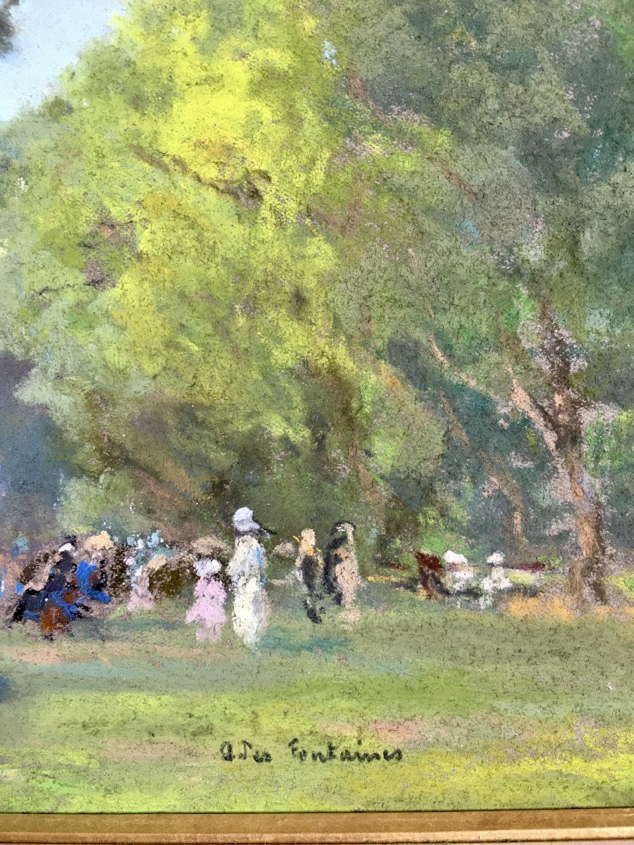 André des Fontaines (Martinique,1869- Paris, 1910). " Jardin Public". Pastel. XIXe. -photo-3