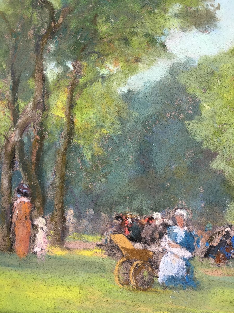 André des Fontaines (Martinique,1869- Paris, 1910). " Jardin Public". Pastel. XIXe. -photo-1