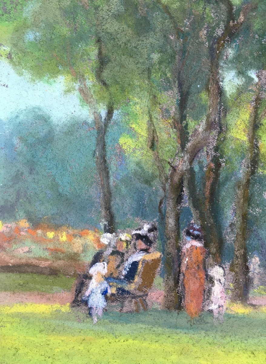 André des Fontaines (Martinique,1869- Paris, 1910). " Jardin Public". Pastel. XIXe. -photo-2