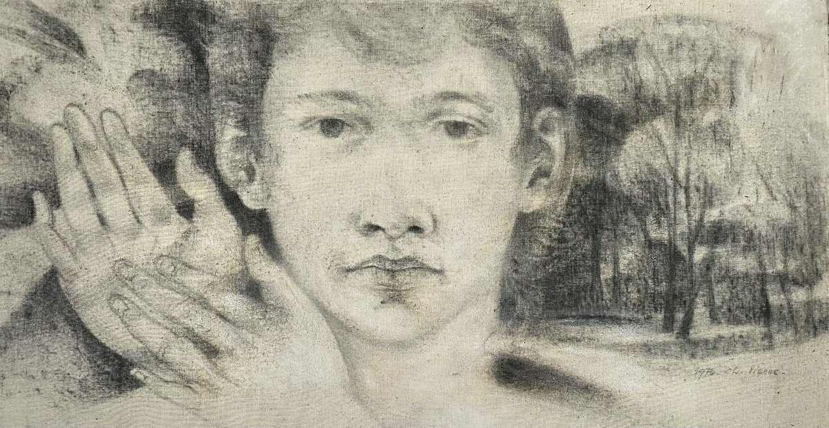 Charly Vienne (frameries, 1942). "portrait Of A Man". 1970. Charcoal On Canvas.-photo-1