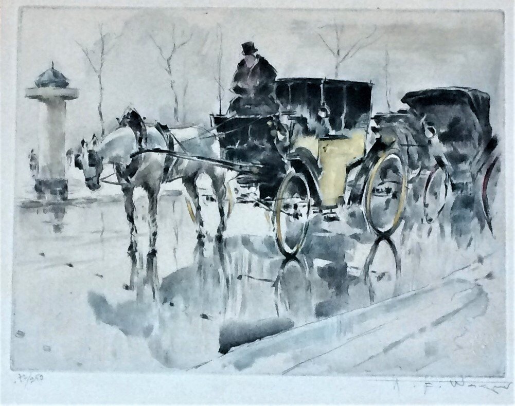 Frank Hugh Wagner (1870 -1942, Chicago). Hackney Carriage In Paris In Front Of A Morris Column." Aquatint.-photo-4