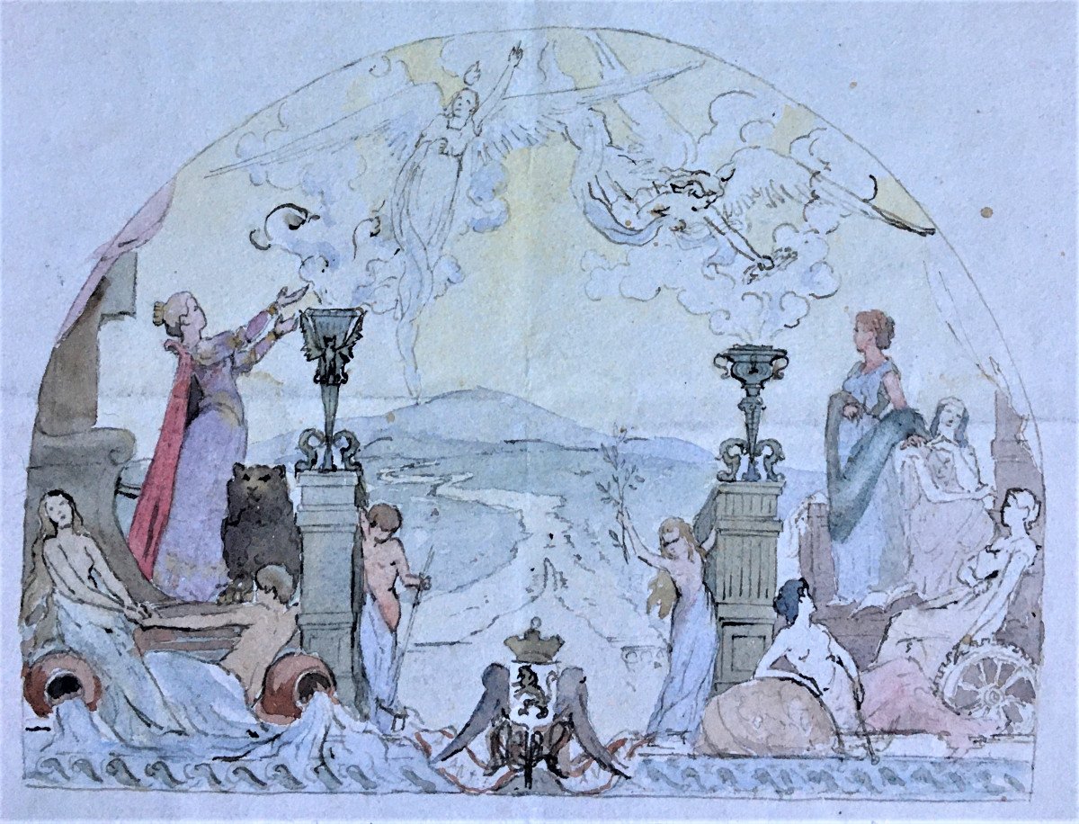 Two Watercolors "allegory Of Progress". City Of Lyon. End Of The 19th Century.-photo-1