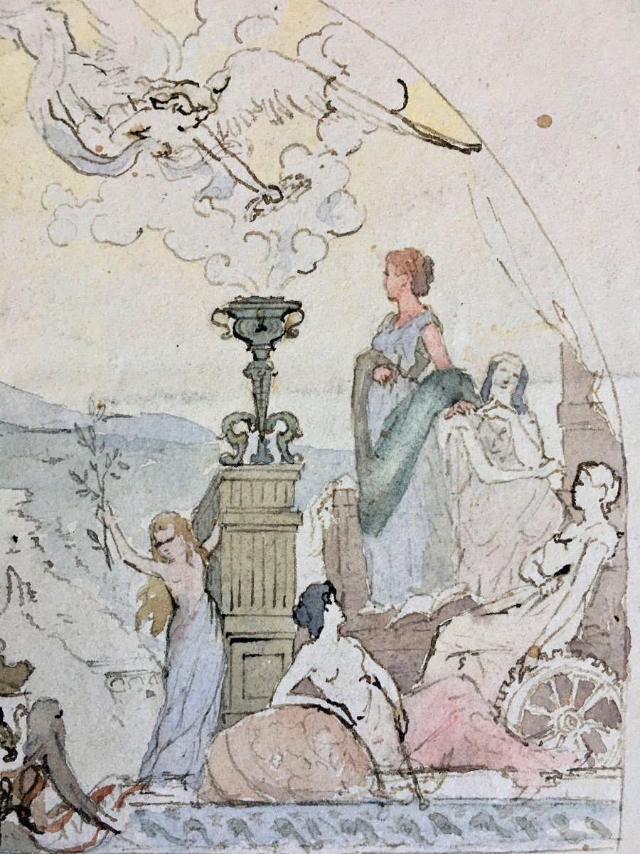 Two Watercolors "allegory Of Progress". City Of Lyon. End Of The 19th Century.-photo-5