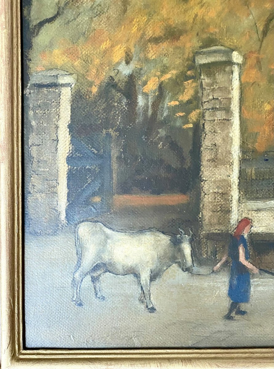 André Poffé (1911-1990). "cow In The Moonlight". 1940s. Oil On Cardboard.-photo-3