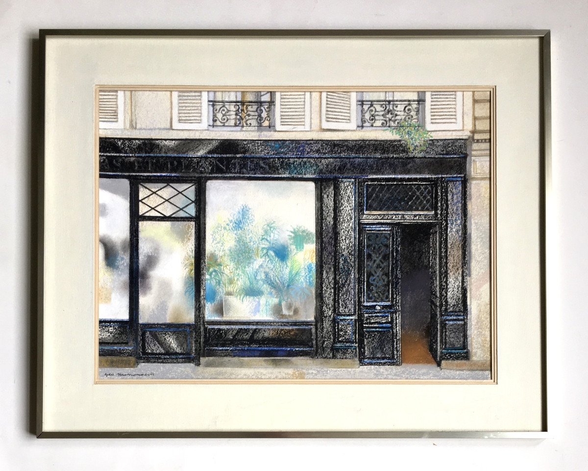 Géo Mommaerts (1923-2006, Bruxelles). " Paris, la vitrine du fleuriste". 1983. Pastel.-photo-2