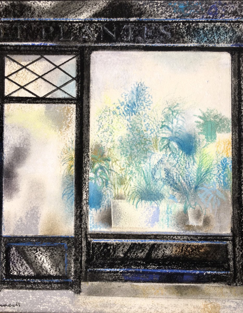 Géo Mommaerts (1923-2006, Brussels). "paris, The Florist's Window". 1983. Pastel.-photo-3