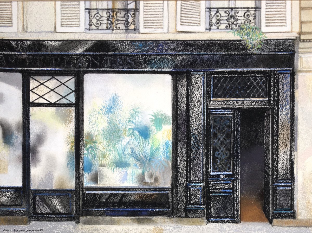 Géo Mommaerts (1923-2006, Bruxelles). " Paris, la vitrine du fleuriste". 1983. Pastel.