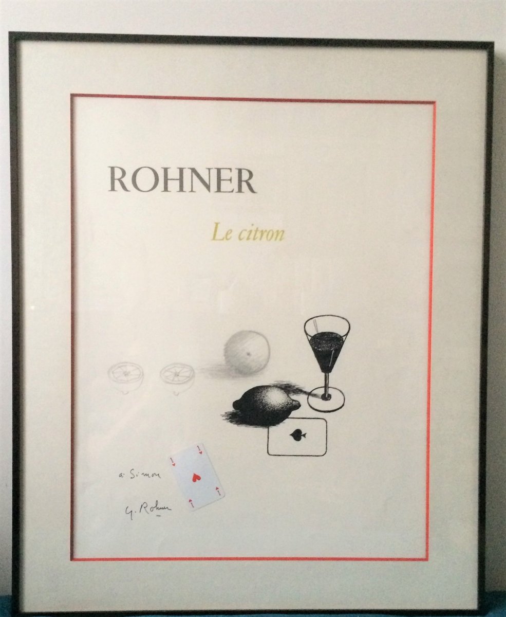 Georges Rohner. Technique mixte.  " Citron et cartes à jouer". Vers 1970.-photo-2