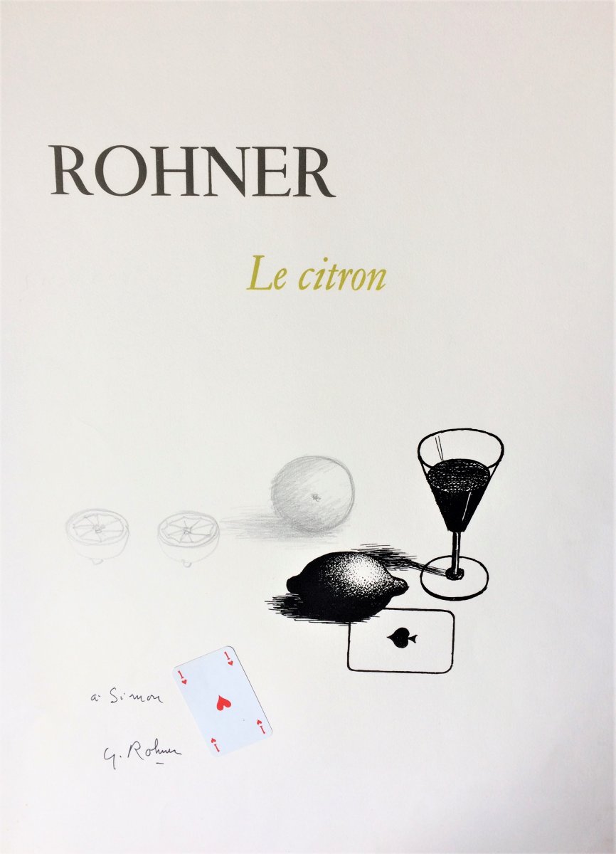 Georges Rohner. Technique mixte.  " Citron et cartes à jouer". Vers 1970.