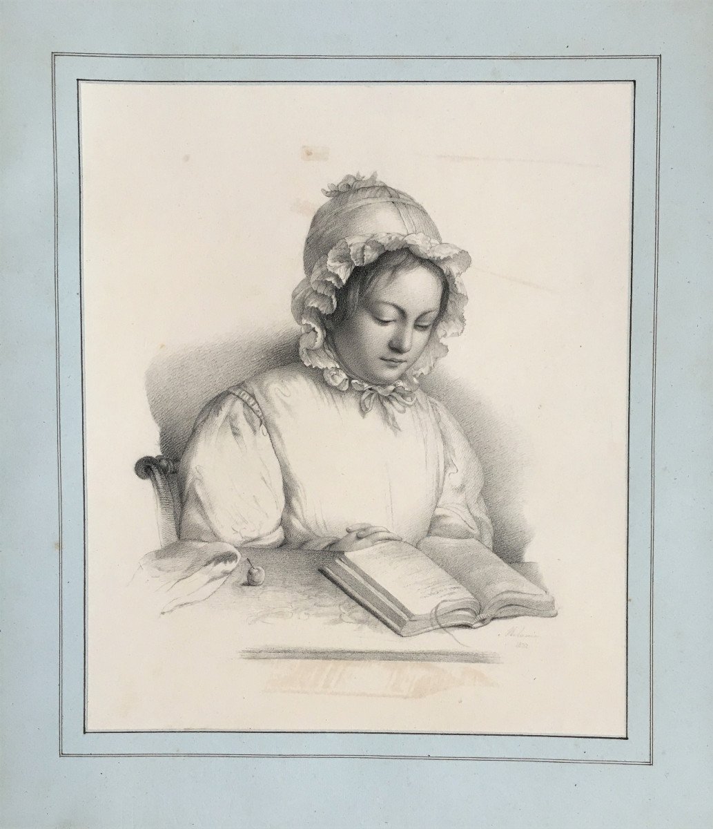 Dessin . "Portrait de Madame Jules Delehaye" par Mélanie Mestdagh. 1832. Paris.-photo-2