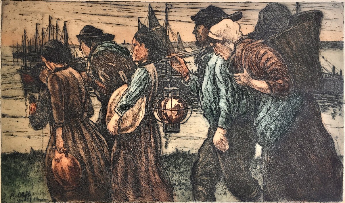 Auguste Oleffe (1867-1931). "seafarers". 1903. Color Engraving.-photo-3