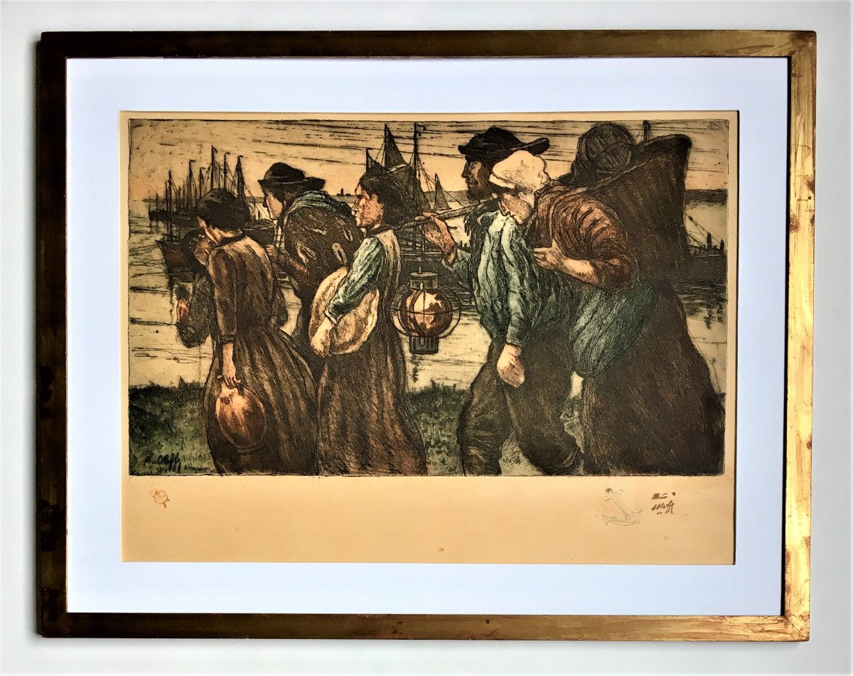 Auguste Oleffe (1867-1931). "seafarers". 1903. Color Engraving.