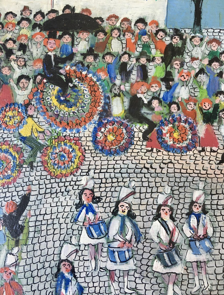 Jeanne De Soomer (belgium, 1925). "the Flower Corso". 70s. Naive Art.-photo-2