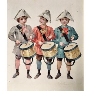 Felix Courche (1863-1944). Pair Of Watercolors. "boys With Drums, Girls With Hoops".
