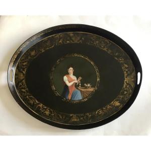Empire Tray In Painted Sheet Metal. “young Woman With A Garland Of Roses”.