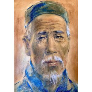 Fernand Gillion (XIXe- 1950). Pastel. "Portrait d'un chinois". Vers 1920.