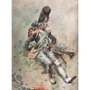 Aquarelle " Grenadier se réchauffant". Signé.