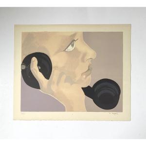 Elisabeth Dujarric (1930 - 2005). Lithographie. "Le petit lever, le téléphone". Vers 1980.