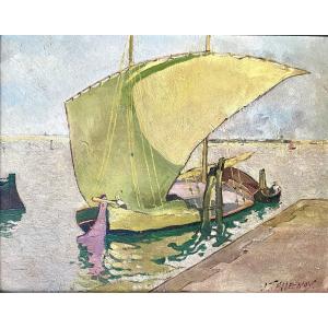 J. Tassenoy (19th-20th Century). "moored Dhow". Around 1920. Orientalism.