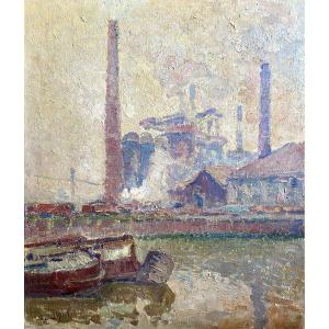 Maurice Blieck (1876-1922,Bruxelles). Tableau double face. Paysage industriel, paysage fluvial.