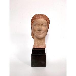 Marnix d'Haveloose (1885-1973). Original Polychrome Terracotta. "woman's Head". Circa 1910.