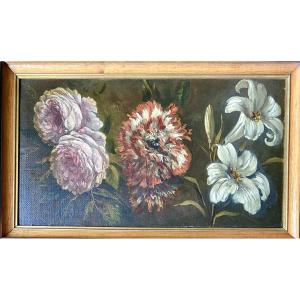 Study Of Flowers "roses, Lilies". Late 19th, Early 20th Century. Oil On Cardboard.