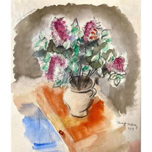 Serge Creuz (1924-1996). " Bouquet de lilas". Aquarelle. 1944.