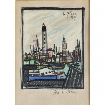 Port de Calais. Maurice Flavion. 1957. Aquarelle.