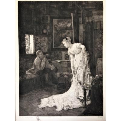 Alfred Stevens. "the Artist And His Model" Or "the Workshop". End Of 19 °. Engraved By Louise Danse.