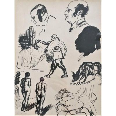 Georges Lemmen. Dessin à l'encre de chine " Etudes de nus, visages, marchand de tapis".1897.