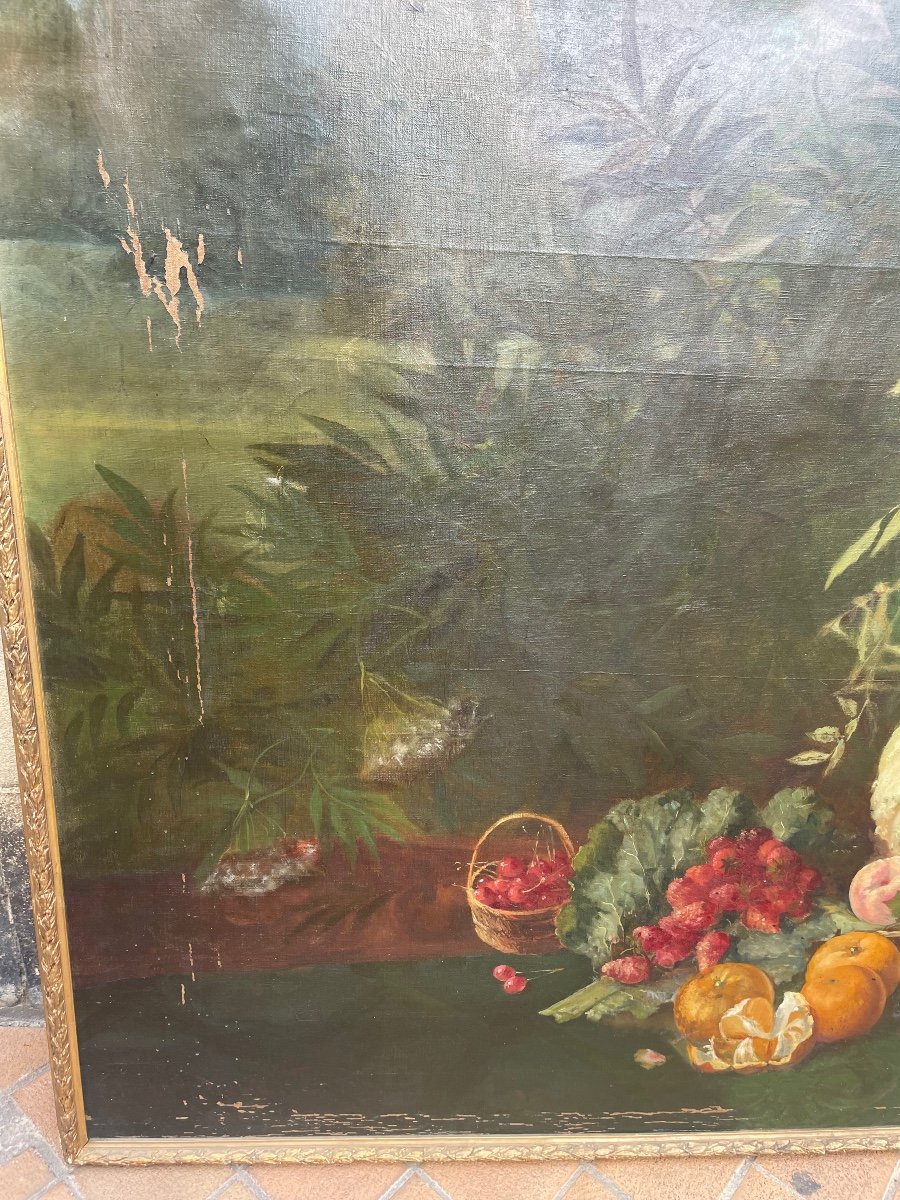 Important Oil On Canvas Representing Nature With Fruits, Flowers And Game-photo-2