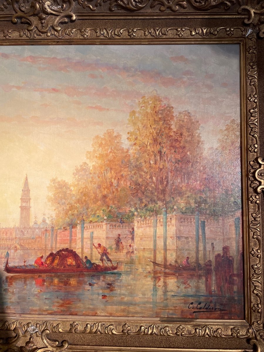 Huile Sur Toile Représentant Le Grand Canal à Venise Signée Calderon -photo-7