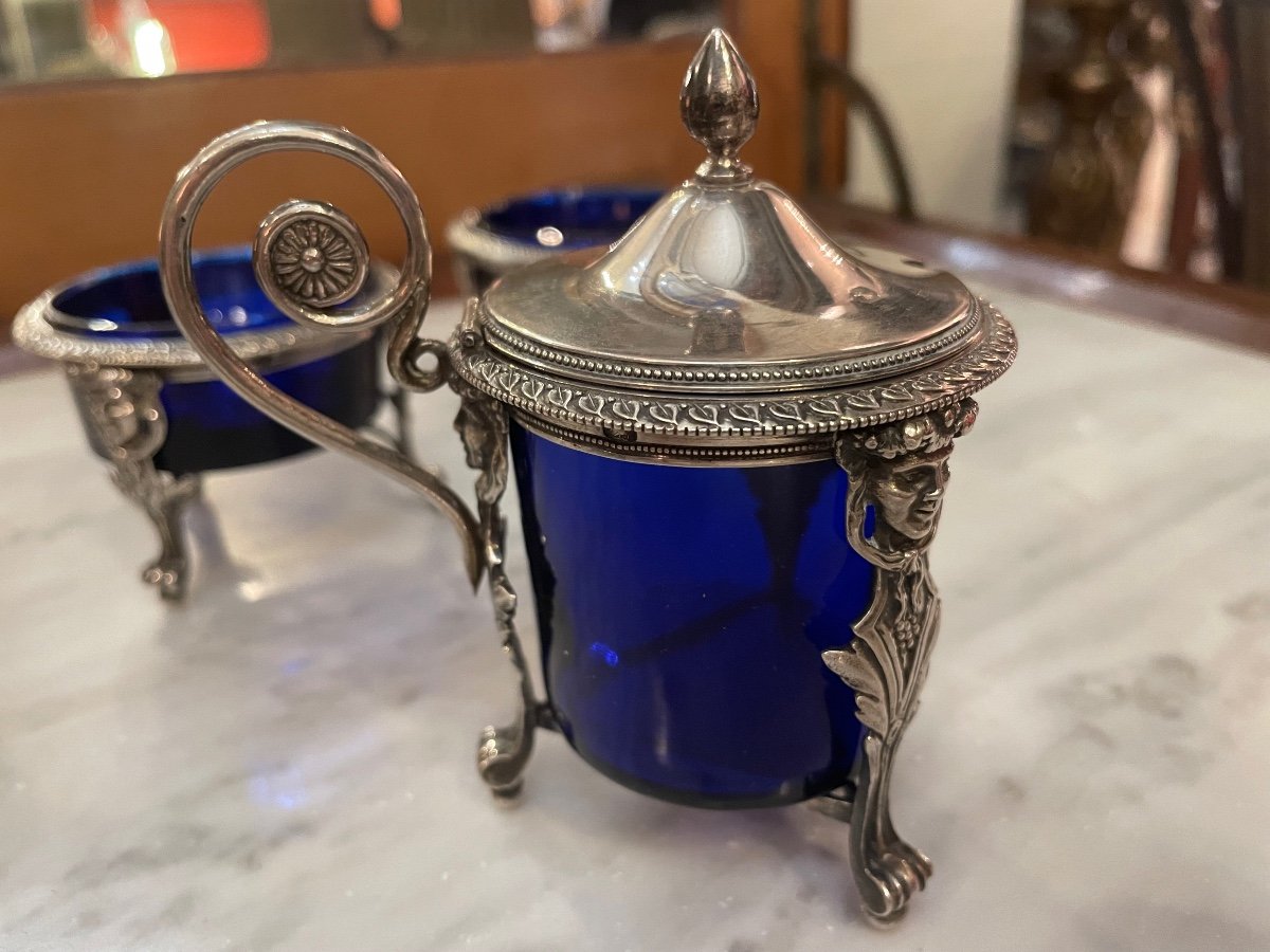 4 Salt Cellars And A Mustard Pot In Silver 1st Rooster. -photo-4