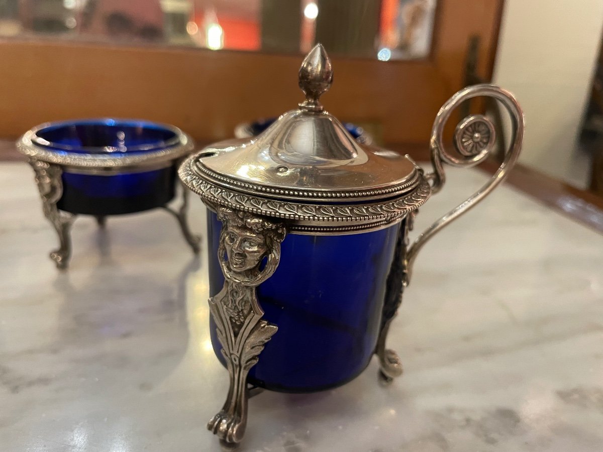 4 Salt Cellars And A Mustard Pot In Silver 1st Rooster. -photo-2