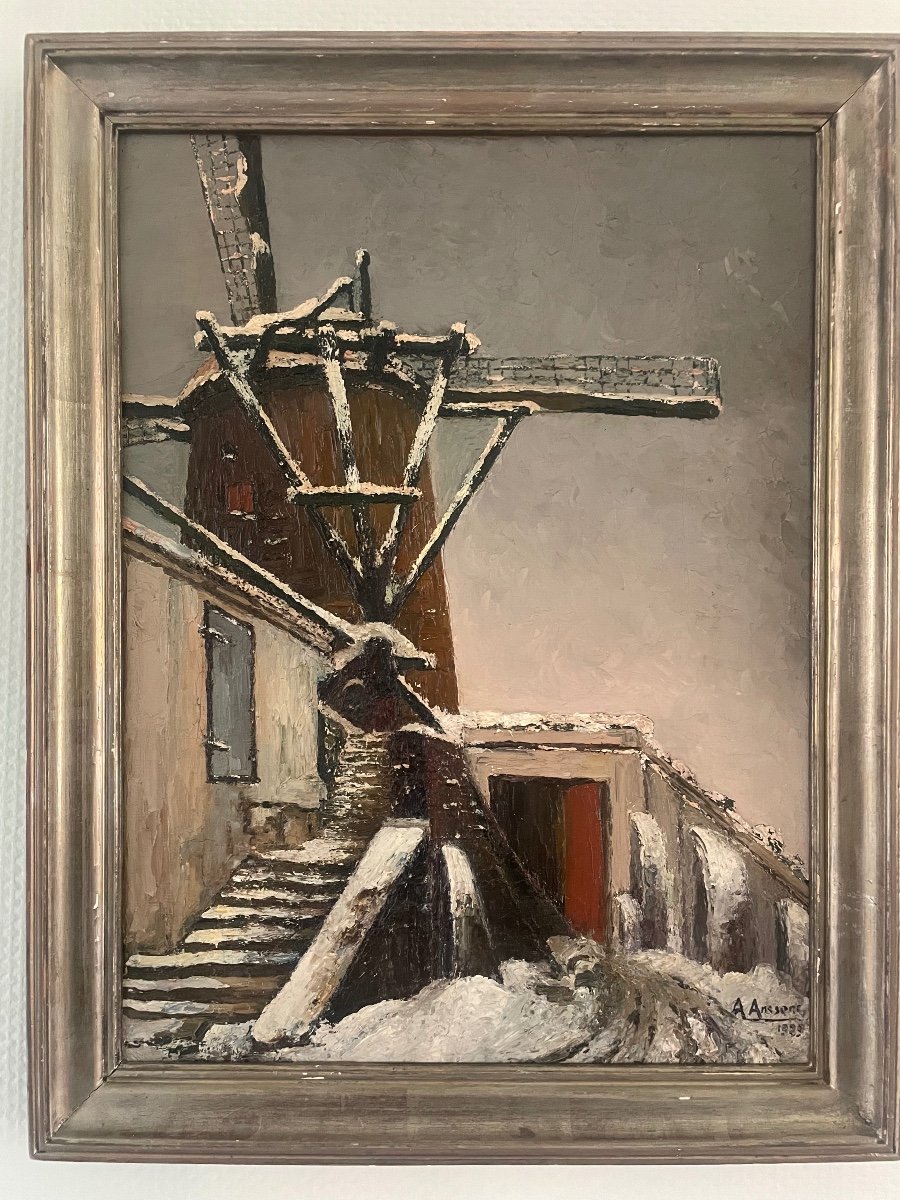 Huile Sur Toile Signée Et Datée 1929 à. Anssene Représentant Un Moulin Sous La Neige -photo-2