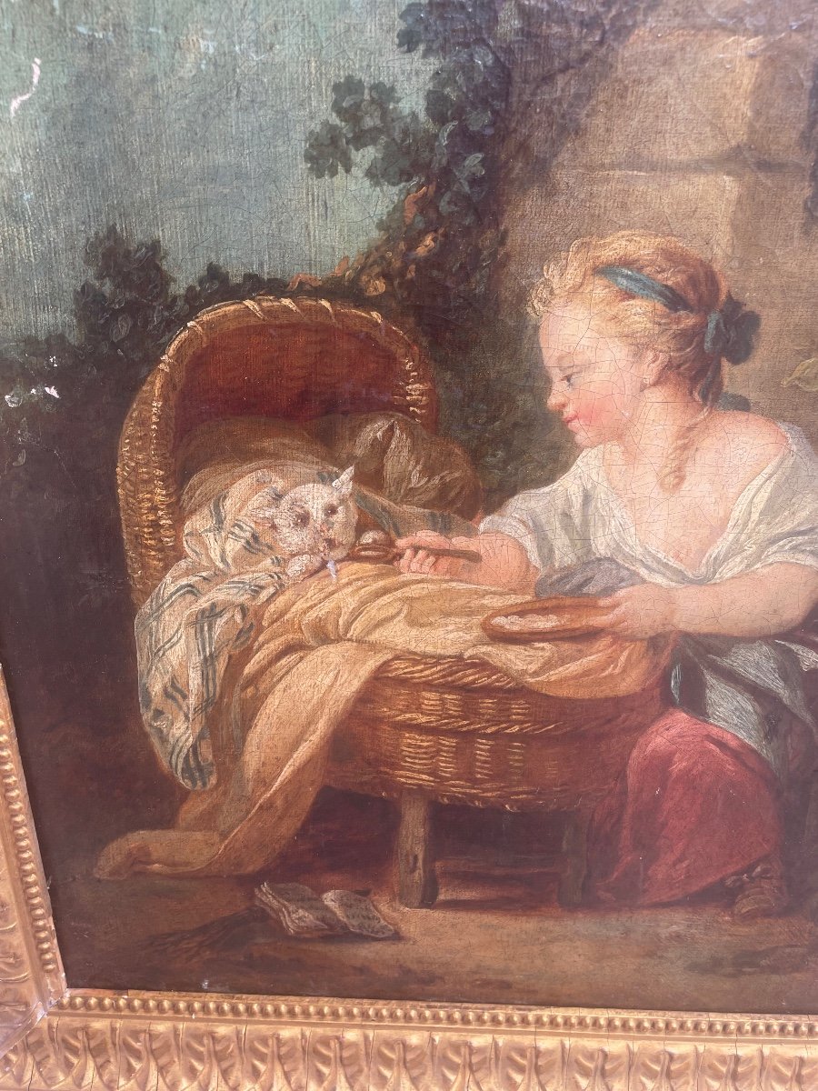 Oil On Canvas Representing A Teenage Girl Feeding Her Cat -photo-2