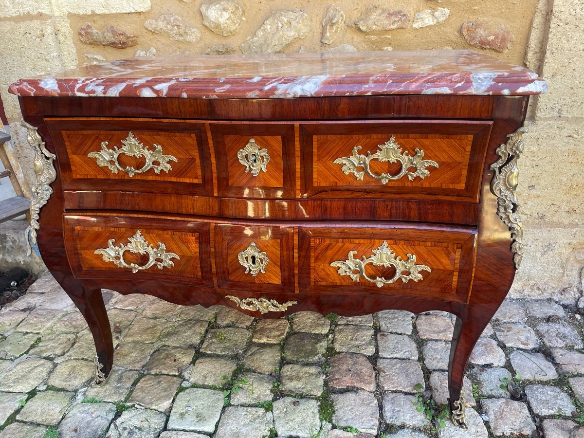 Louis XV Period Curved Marquetry Chest Of Drawers 