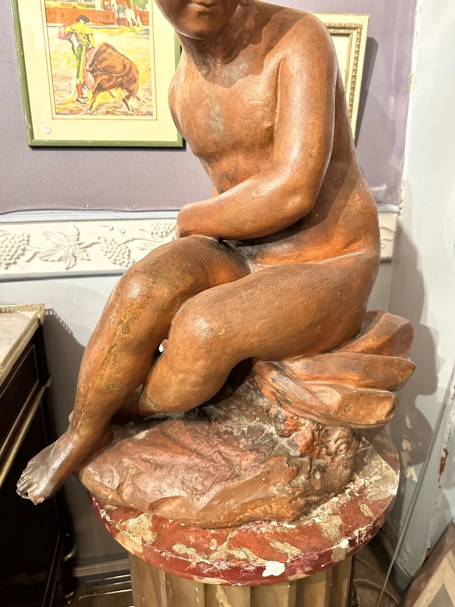 Young Girl Sitting On A Rock Holding A Bow In Terracotta 18th Century -photo-2